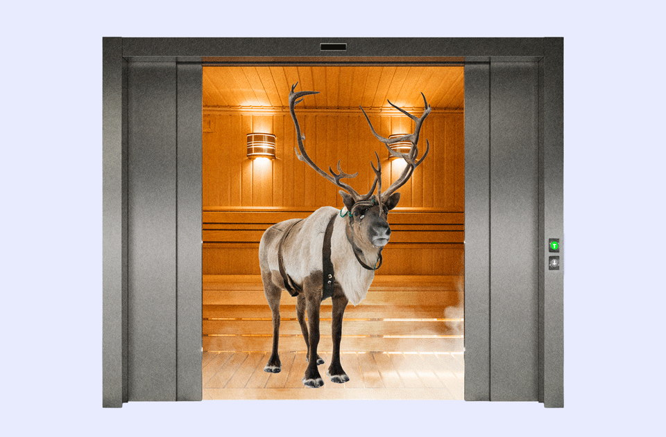 A reindeer standing in a wooden sauna framed by elevator doors